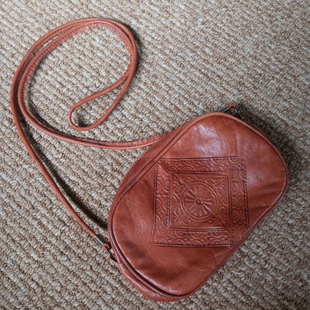 Vintage Moroccan Tan Embossed Leather Crossbody Shoulder Bag